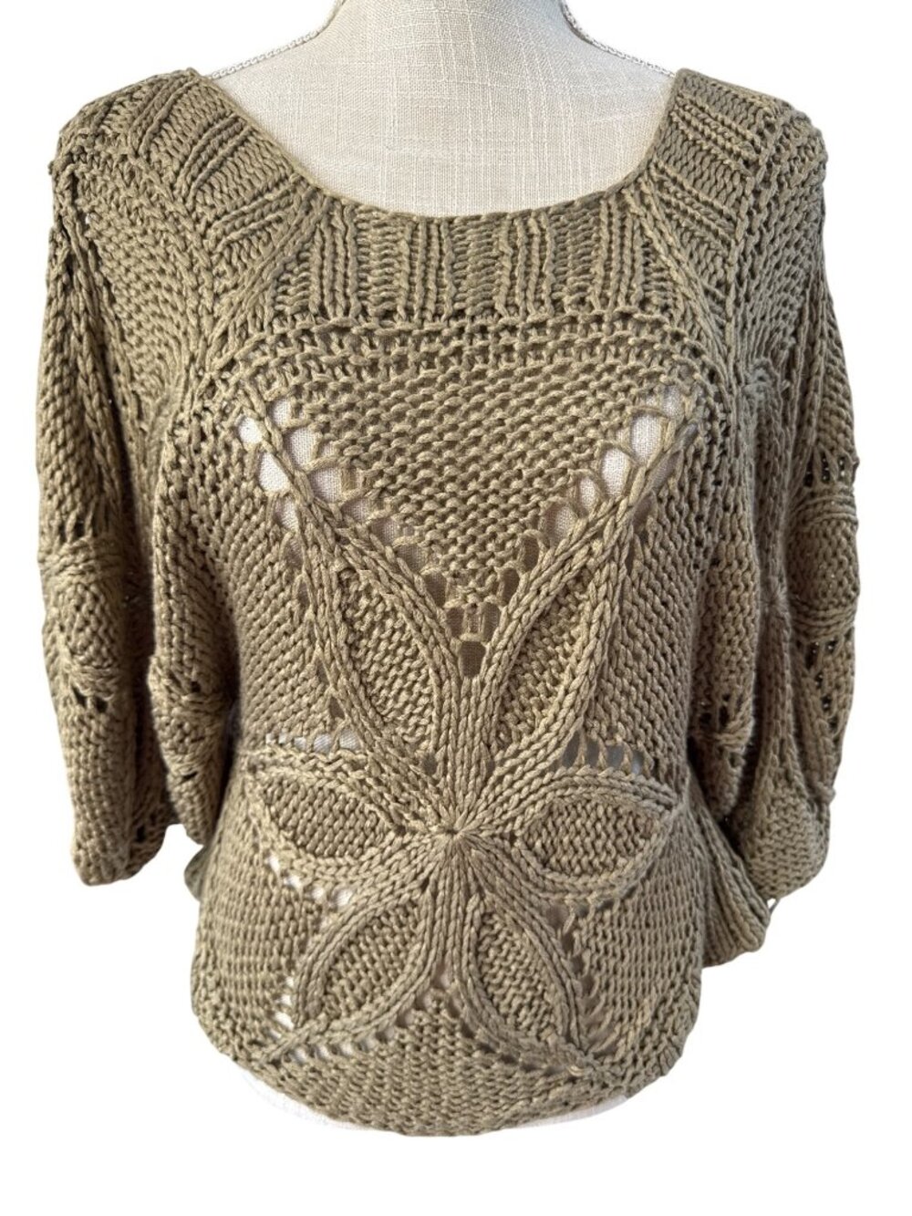 Jasmine KC Chunky Knit Sweater Olive Green Boho Style Medium Openwork Design
